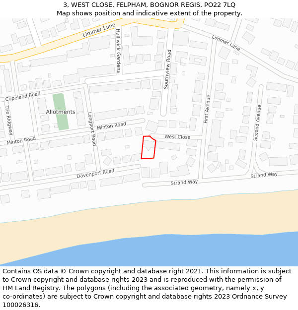 3, WEST CLOSE, FELPHAM, BOGNOR REGIS, PO22 7LQ: Location map and indicative extent of plot