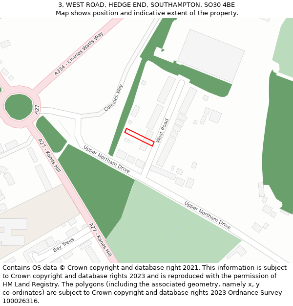 3, WEST ROAD, HEDGE END, SOUTHAMPTON, SO30 4BE: Location map and indicative extent of plot