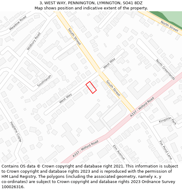 3, WEST WAY, PENNINGTON, LYMINGTON, SO41 8DZ: Location map and indicative extent of plot