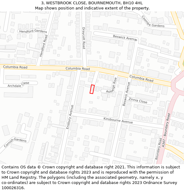 3, WESTBROOK CLOSE, BOURNEMOUTH, BH10 4HL: Location map and indicative extent of plot