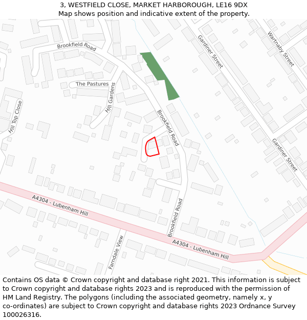 3, WESTFIELD CLOSE, MARKET HARBOROUGH, LE16 9DX: Location map and indicative extent of plot