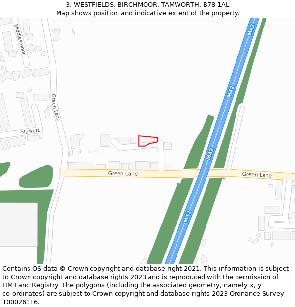 3, WESTFIELDS, BIRCHMOOR, TAMWORTH, B78 1AL: Location map and indicative extent of plot