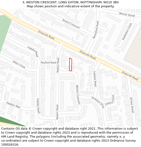 3, WESTON CRESCENT, LONG EATON, NOTTINGHAM, NG10 3BS: Location map and indicative extent of plot