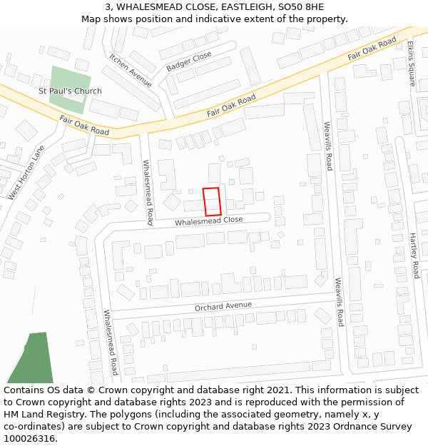 3, WHALESMEAD CLOSE, EASTLEIGH, SO50 8HE: Location map and indicative extent of plot