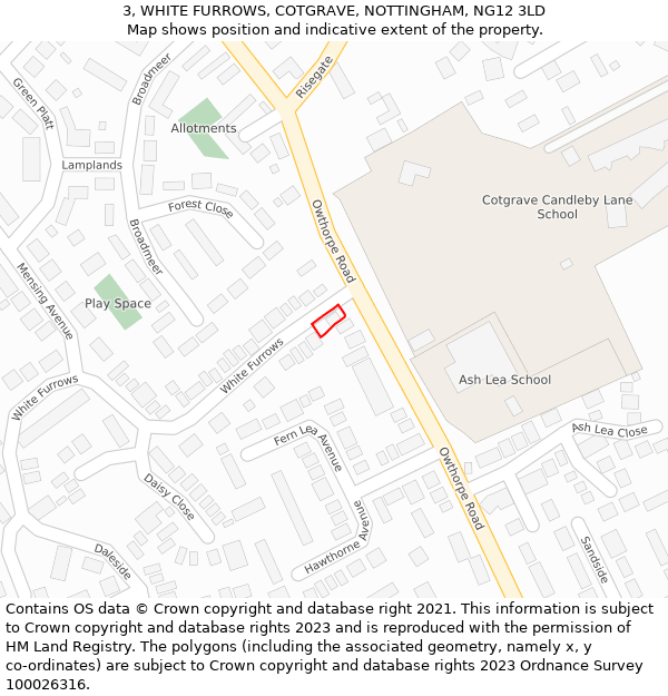 3, WHITE FURROWS, COTGRAVE, NOTTINGHAM, NG12 3LD: Location map and indicative extent of plot