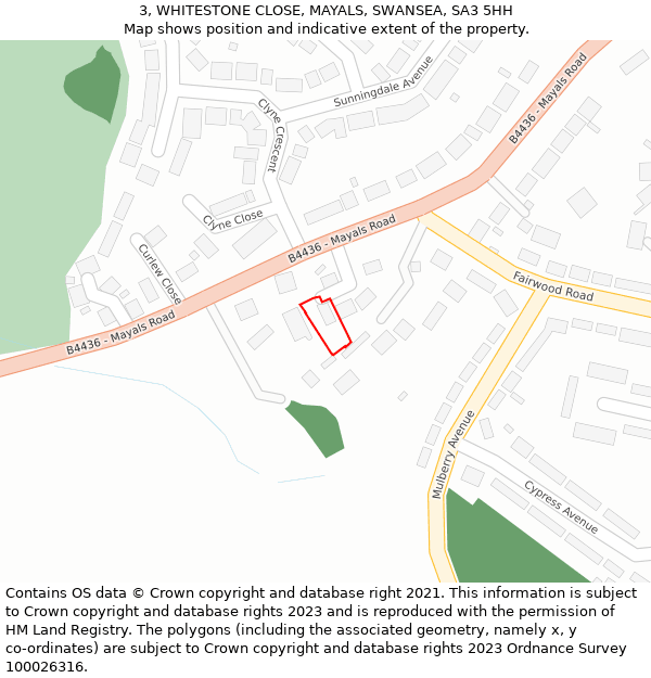 3, WHITESTONE CLOSE, MAYALS, SWANSEA, SA3 5HH: Location map and indicative extent of plot