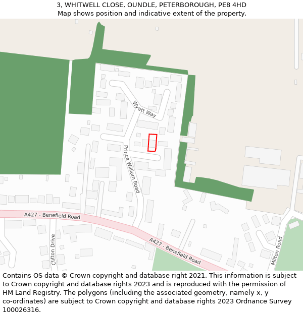 3, WHITWELL CLOSE, OUNDLE, PETERBOROUGH, PE8 4HD: Location map and indicative extent of plot