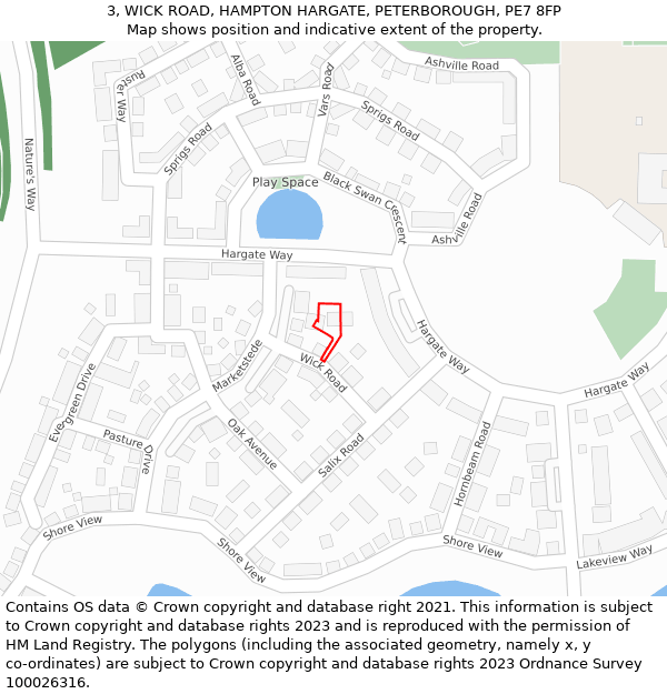 3, WICK ROAD, HAMPTON HARGATE, PETERBOROUGH, PE7 8FP: Location map and indicative extent of plot