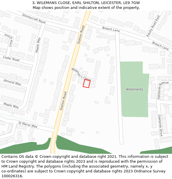 3, WILEMANS CLOSE, EARL SHILTON, LEICESTER, LE9 7GW: Location map and indicative extent of plot