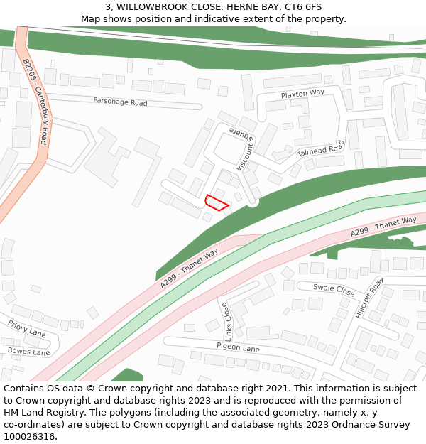 3, WILLOWBROOK CLOSE, HERNE BAY, CT6 6FS: Location map and indicative extent of plot