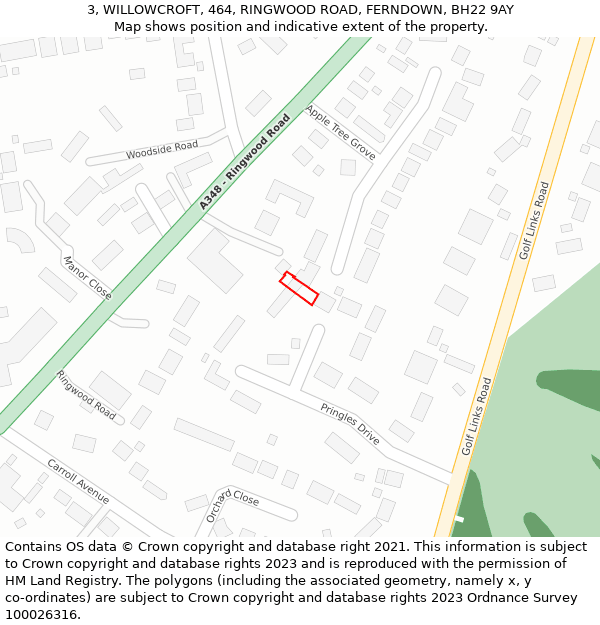 3, WILLOWCROFT, 464, RINGWOOD ROAD, FERNDOWN, BH22 9AY: Location map and indicative extent of plot
