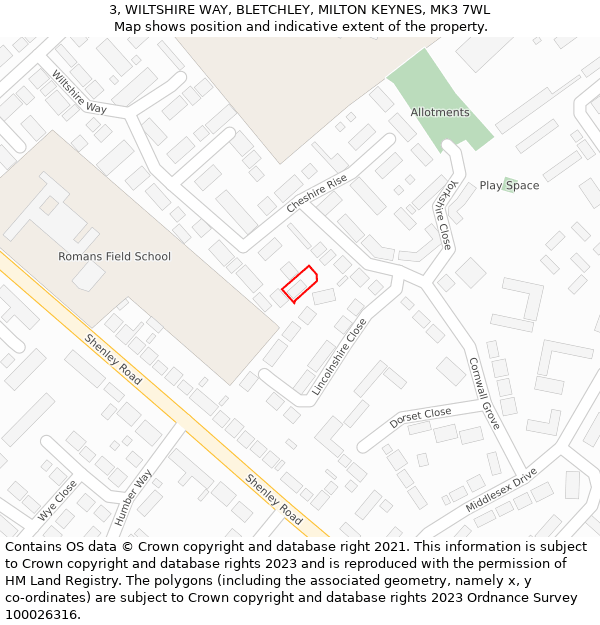 3, WILTSHIRE WAY, BLETCHLEY, MILTON KEYNES, MK3 7WL: Location map and indicative extent of plot