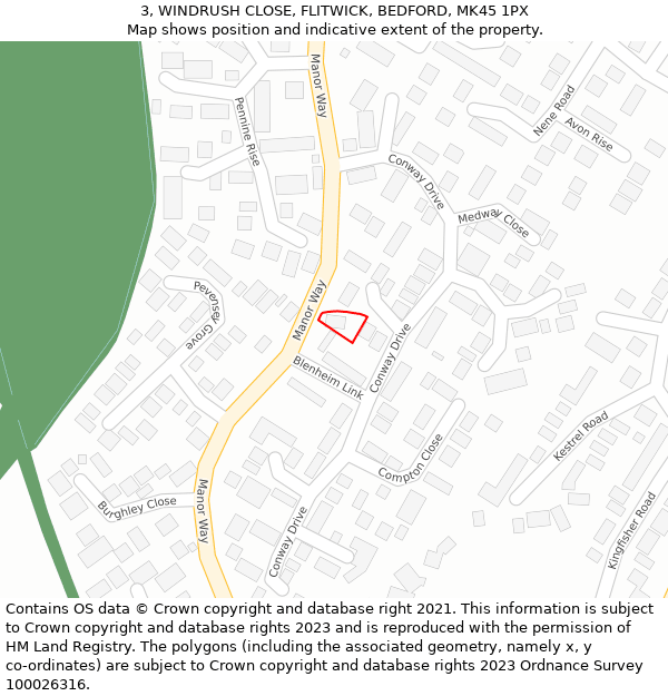 3, WINDRUSH CLOSE, FLITWICK, BEDFORD, MK45 1PX: Location map and indicative extent of plot