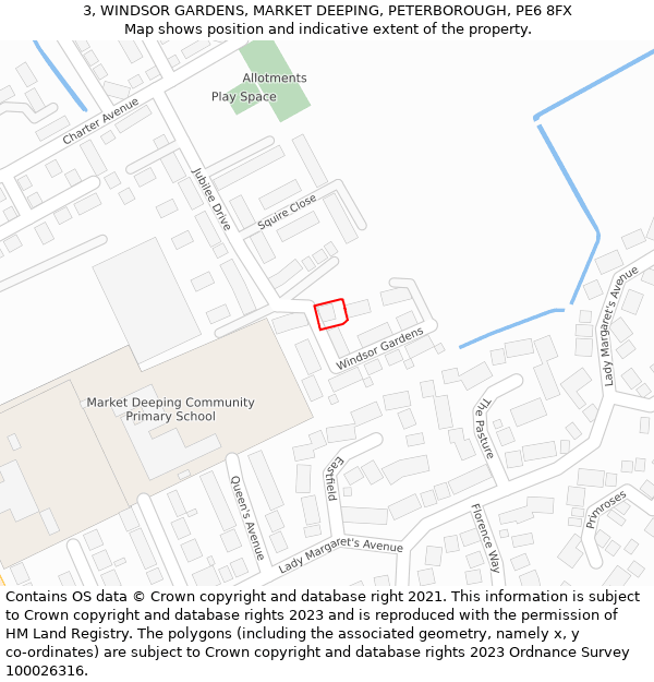 3, WINDSOR GARDENS, MARKET DEEPING, PETERBOROUGH, PE6 8FX: Location map and indicative extent of plot