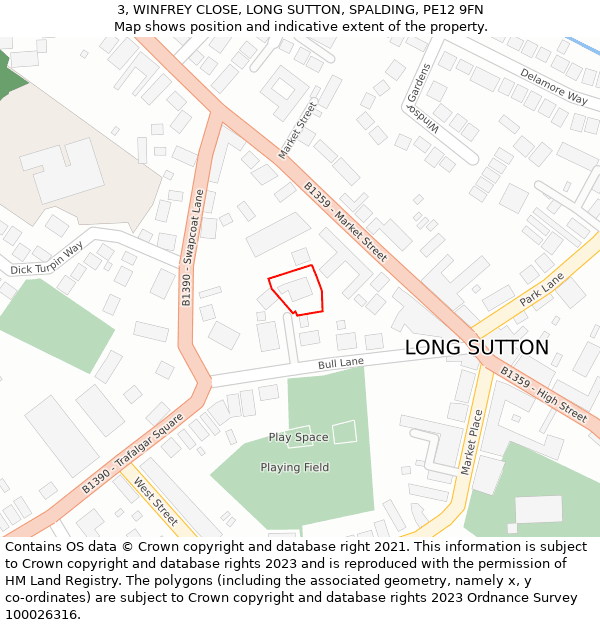 3, WINFREY CLOSE, LONG SUTTON, SPALDING, PE12 9FN: Location map and indicative extent of plot