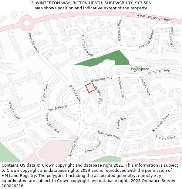 3, WINTERTON WAY, BICTON HEATH, SHREWSBURY, SY3 5PA: Location map and indicative extent of plot