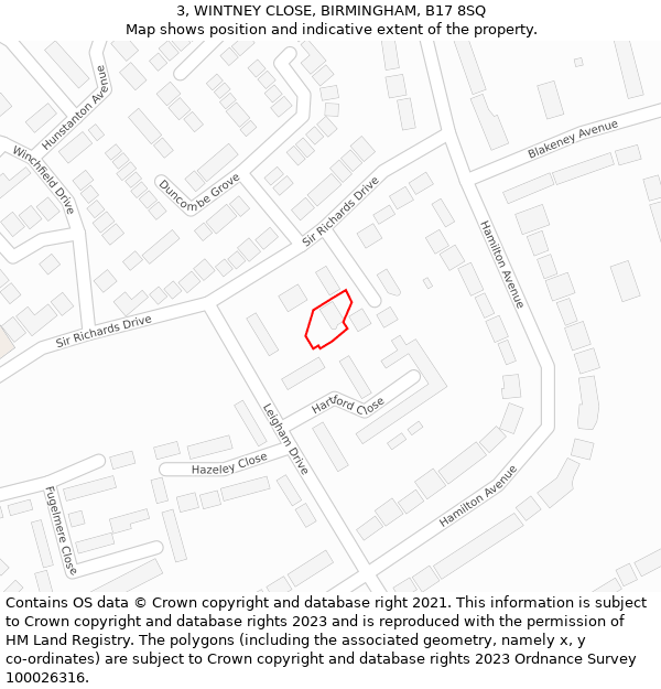 3, WINTNEY CLOSE, BIRMINGHAM, B17 8SQ: Location map and indicative extent of plot