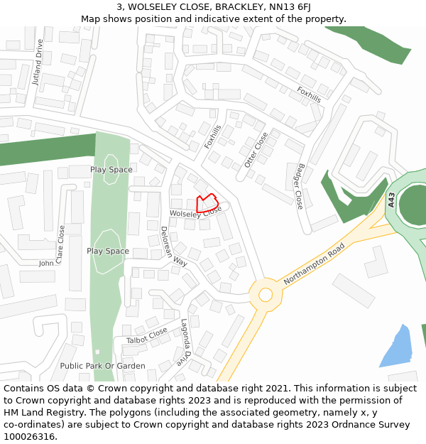 3, WOLSELEY CLOSE, BRACKLEY, NN13 6FJ: Location map and indicative extent of plot