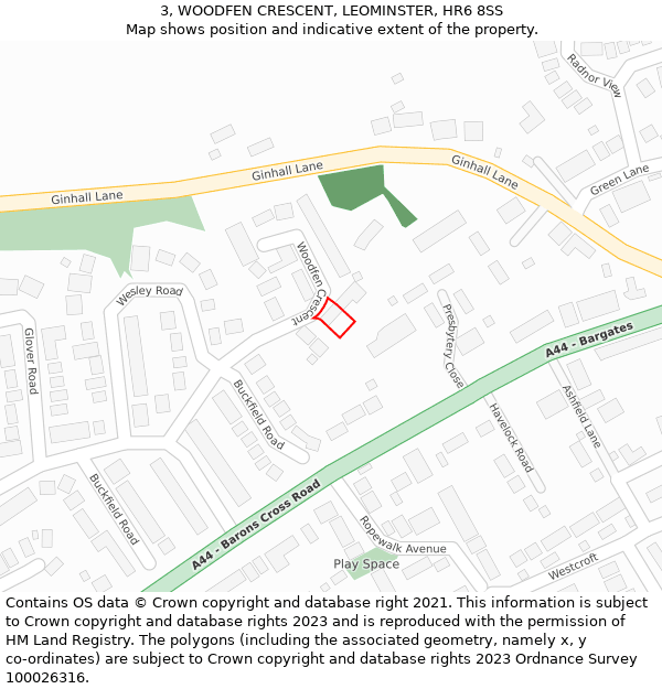 3, WOODFEN CRESCENT, LEOMINSTER, HR6 8SS: Location map and indicative extent of plot