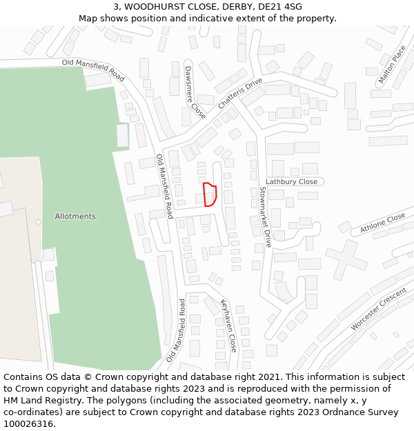 3, WOODHURST CLOSE, DERBY, DE21 4SG: Location map and indicative extent of plot