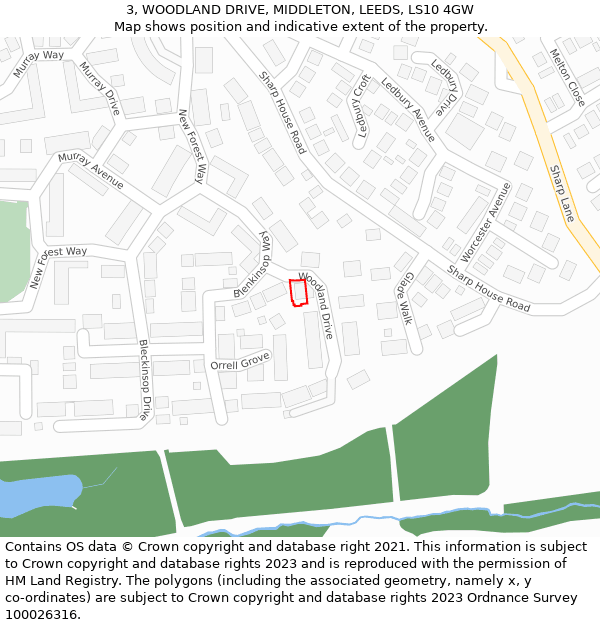 3, WOODLAND DRIVE, MIDDLETON, LEEDS, LS10 4GW: Location map and indicative extent of plot