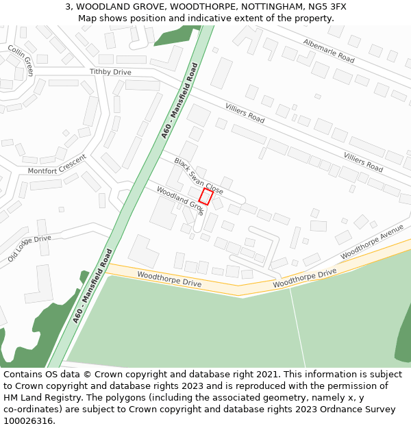 3, WOODLAND GROVE, WOODTHORPE, NOTTINGHAM, NG5 3FX: Location map and indicative extent of plot