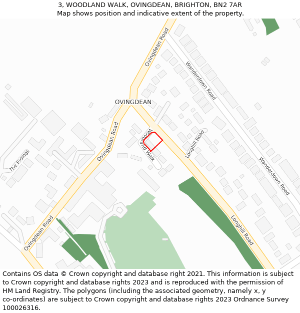 3, WOODLAND WALK, OVINGDEAN, BRIGHTON, BN2 7AR: Location map and indicative extent of plot