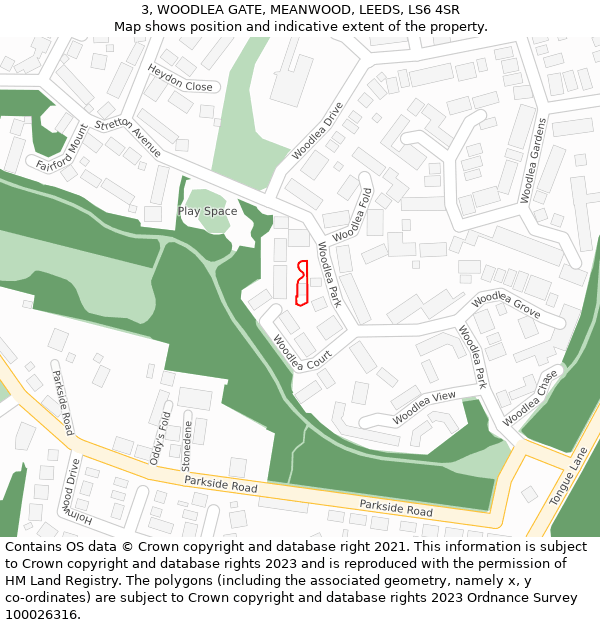 3, WOODLEA GATE, MEANWOOD, LEEDS, LS6 4SR: Location map and indicative extent of plot