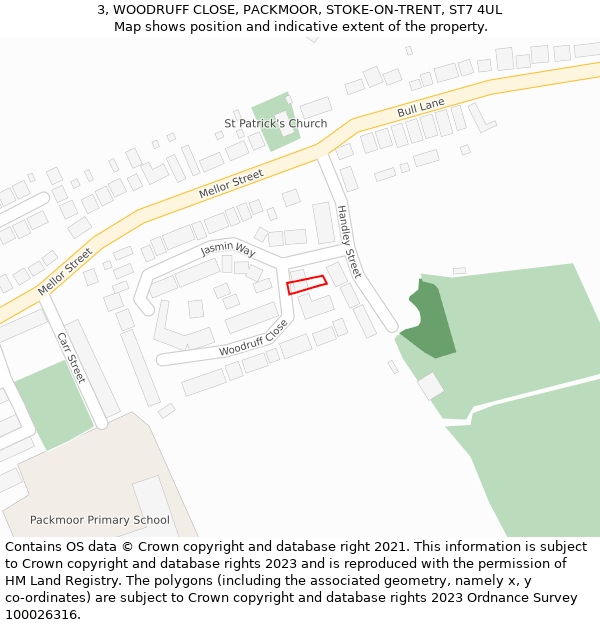 3, WOODRUFF CLOSE, PACKMOOR, STOKE-ON-TRENT, ST7 4UL: Location map and indicative extent of plot