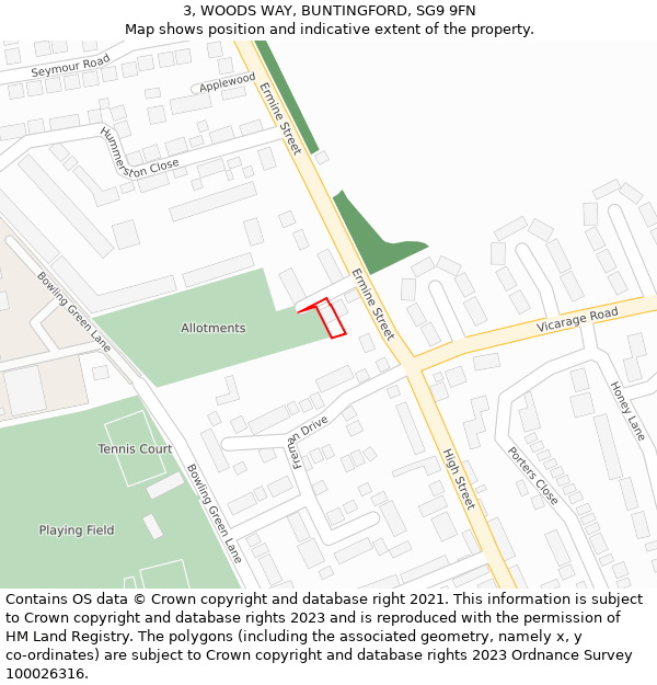 3, WOODS WAY, BUNTINGFORD, SG9 9FN: Location map and indicative extent of plot