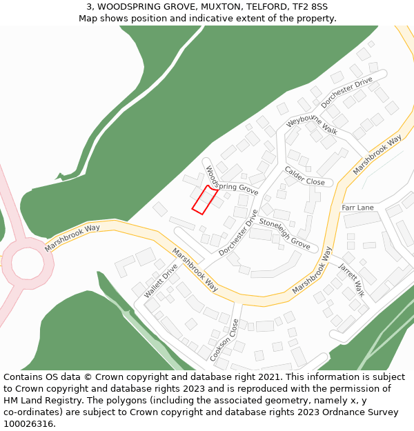 3, WOODSPRING GROVE, MUXTON, TELFORD, TF2 8SS: Location map and indicative extent of plot