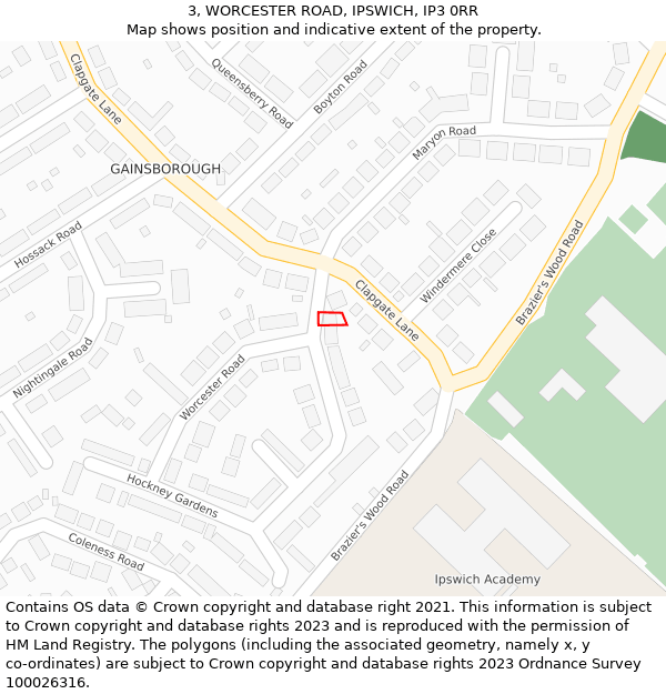 3, WORCESTER ROAD, IPSWICH, IP3 0RR: Location map and indicative extent of plot