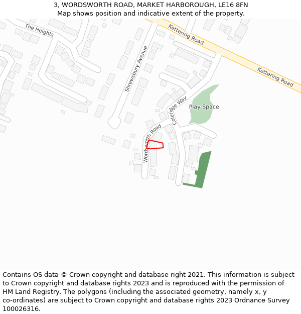 3, WORDSWORTH ROAD, MARKET HARBOROUGH, LE16 8FN: Location map and indicative extent of plot