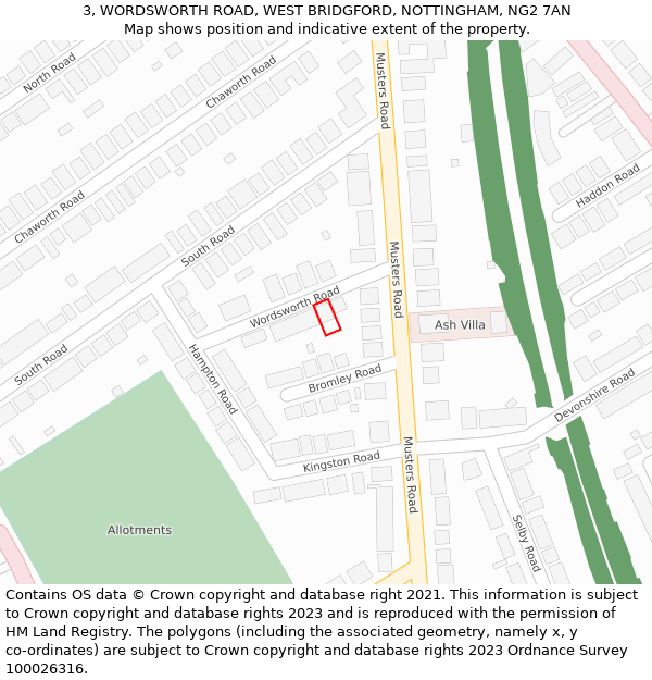 3, WORDSWORTH ROAD, WEST BRIDGFORD, NOTTINGHAM, NG2 7AN: Location map and indicative extent of plot
