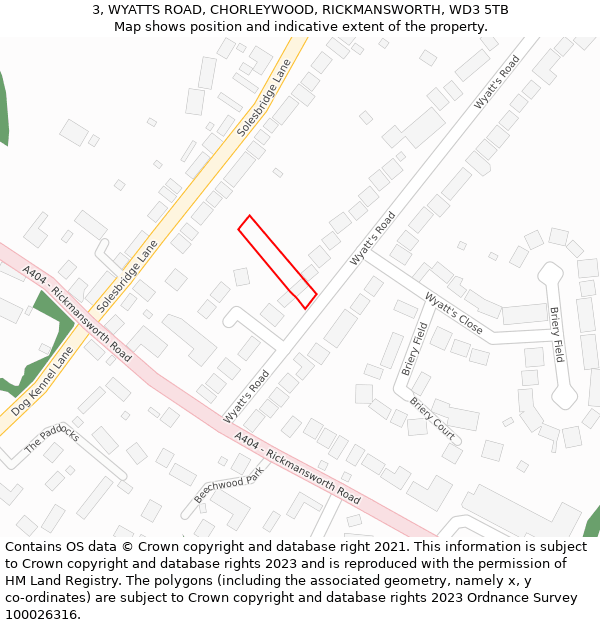 3, WYATTS ROAD, CHORLEYWOOD, RICKMANSWORTH, WD3 5TB: Location map and indicative extent of plot