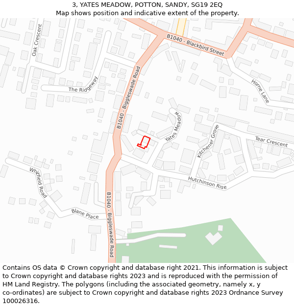 3, YATES MEADOW, POTTON, SANDY, SG19 2EQ: Location map and indicative extent of plot