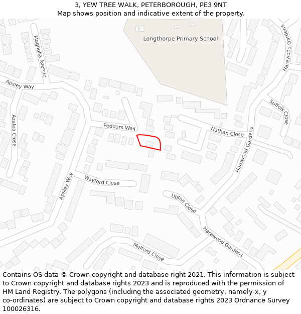 3, YEW TREE WALK, PETERBOROUGH, PE3 9NT: Location map and indicative extent of plot