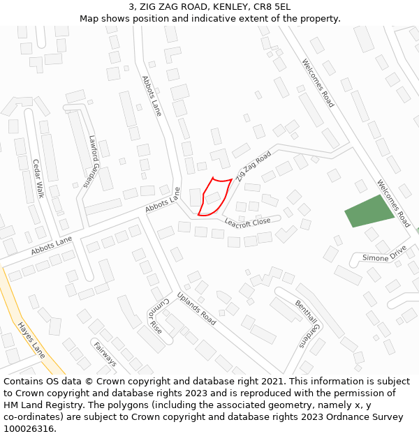 3, ZIG ZAG ROAD, KENLEY, CR8 5EL: Location map and indicative extent of plot