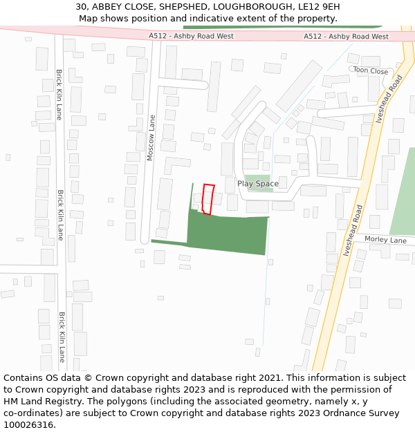 30, ABBEY CLOSE, SHEPSHED, LOUGHBOROUGH, LE12 9EH: Location map and indicative extent of plot