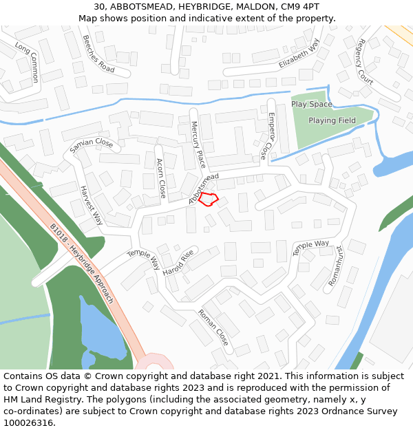 30, ABBOTSMEAD, HEYBRIDGE, MALDON, CM9 4PT: Location map and indicative extent of plot