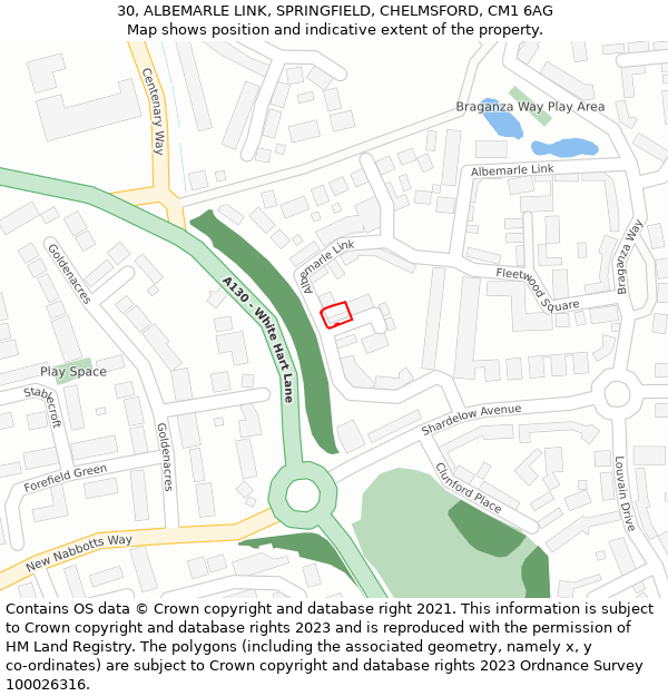 30, ALBEMARLE LINK, SPRINGFIELD, CHELMSFORD, CM1 6AG: Location map and indicative extent of plot