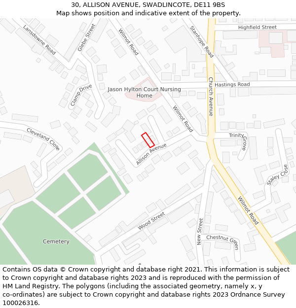 30, ALLISON AVENUE, SWADLINCOTE, DE11 9BS: Location map and indicative extent of plot