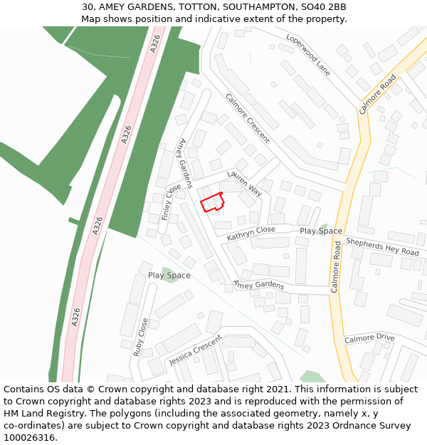 30, AMEY GARDENS, TOTTON, SOUTHAMPTON, SO40 2BB: Location map and indicative extent of plot