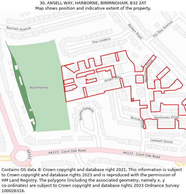30, ANSELL WAY, HARBORNE, BIRMINGHAM, B32 2AT: Location map and indicative extent of plot
