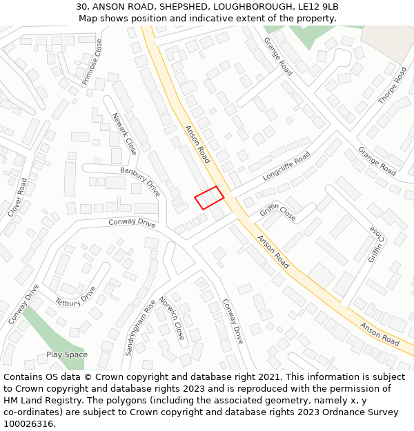 30, ANSON ROAD, SHEPSHED, LOUGHBOROUGH, LE12 9LB: Location map and indicative extent of plot