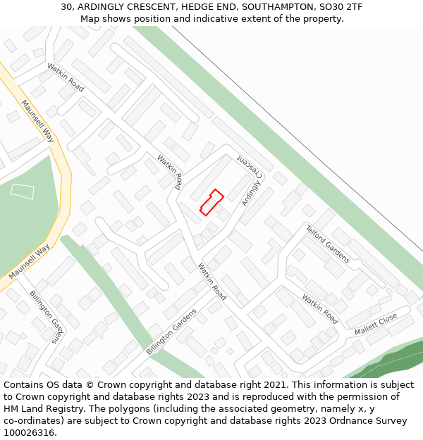 30, ARDINGLY CRESCENT, HEDGE END, SOUTHAMPTON, SO30 2TF: Location map and indicative extent of plot