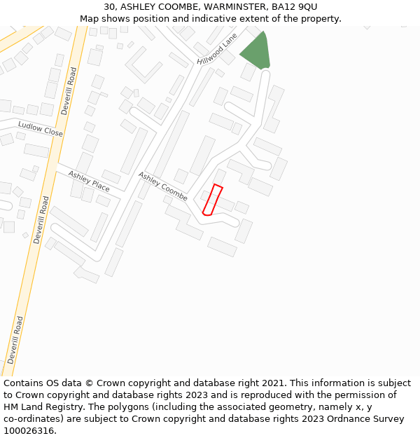 30, ASHLEY COOMBE, WARMINSTER, BA12 9QU: Location map and indicative extent of plot