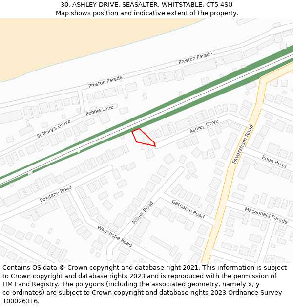 30, ASHLEY DRIVE, SEASALTER, WHITSTABLE, CT5 4SU: Location map and indicative extent of plot