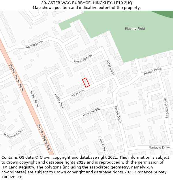 30, ASTER WAY, BURBAGE, HINCKLEY, LE10 2UQ: Location map and indicative extent of plot