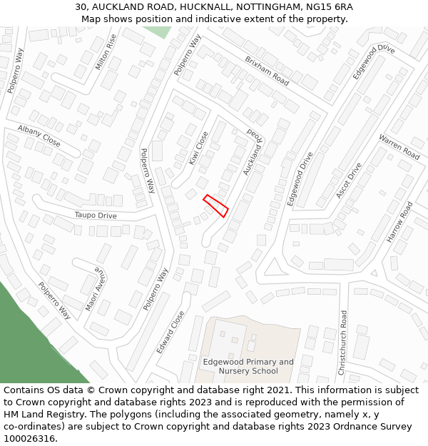 30, AUCKLAND ROAD, HUCKNALL, NOTTINGHAM, NG15 6RA: Location map and indicative extent of plot